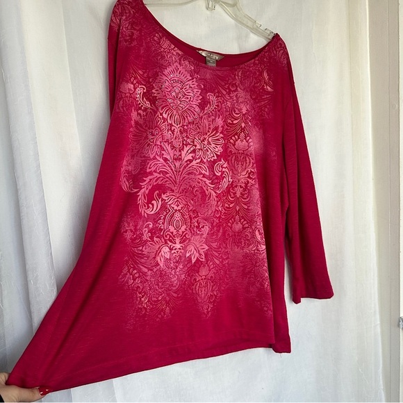 3/$20 💥 White Stag Pink Floral Burnout Print Relaxed Fit 3/4 Sleeve Blouse - Picture 16 of 17